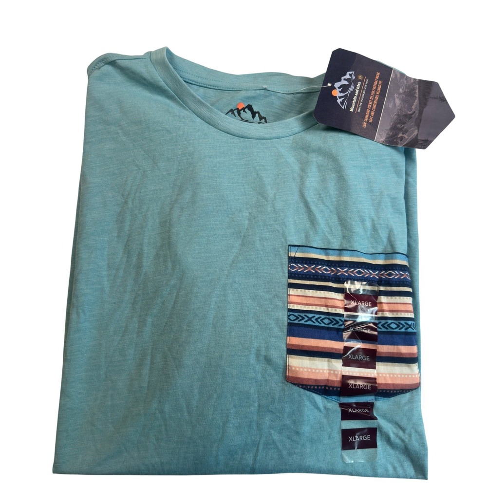 Mountain and Isles Mens XL NWT Pocket Tee Heather Aqua Geometric Woven Pocket